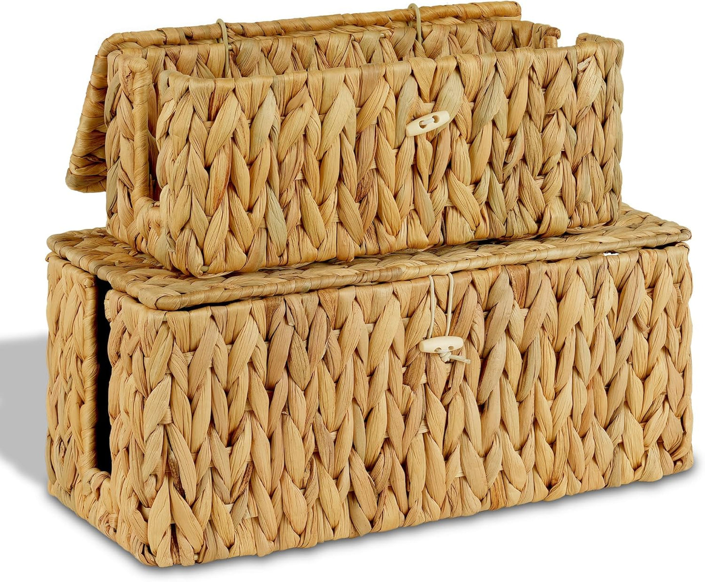 efluky 2 Pack Plastic Cable Management Boxes, Hand-Woven Cord Organizer Box with Lid, 2 Open Slots Cable Organizer Basket to Hide Power Strip and Charger for Home & Office and Dorm,Natural