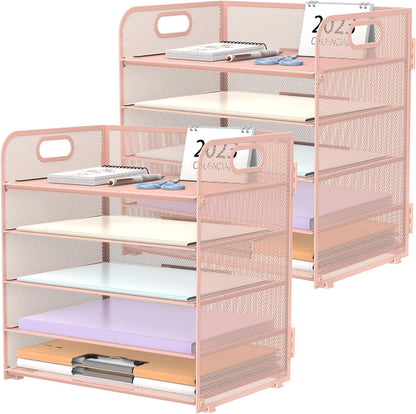 Supeasy 5 Trays Paper Organizer Letter Tray with Handle-Mesh Desk File Holders, Paper Sorter Desk Organizer for Office, Home, Classroom or School, White