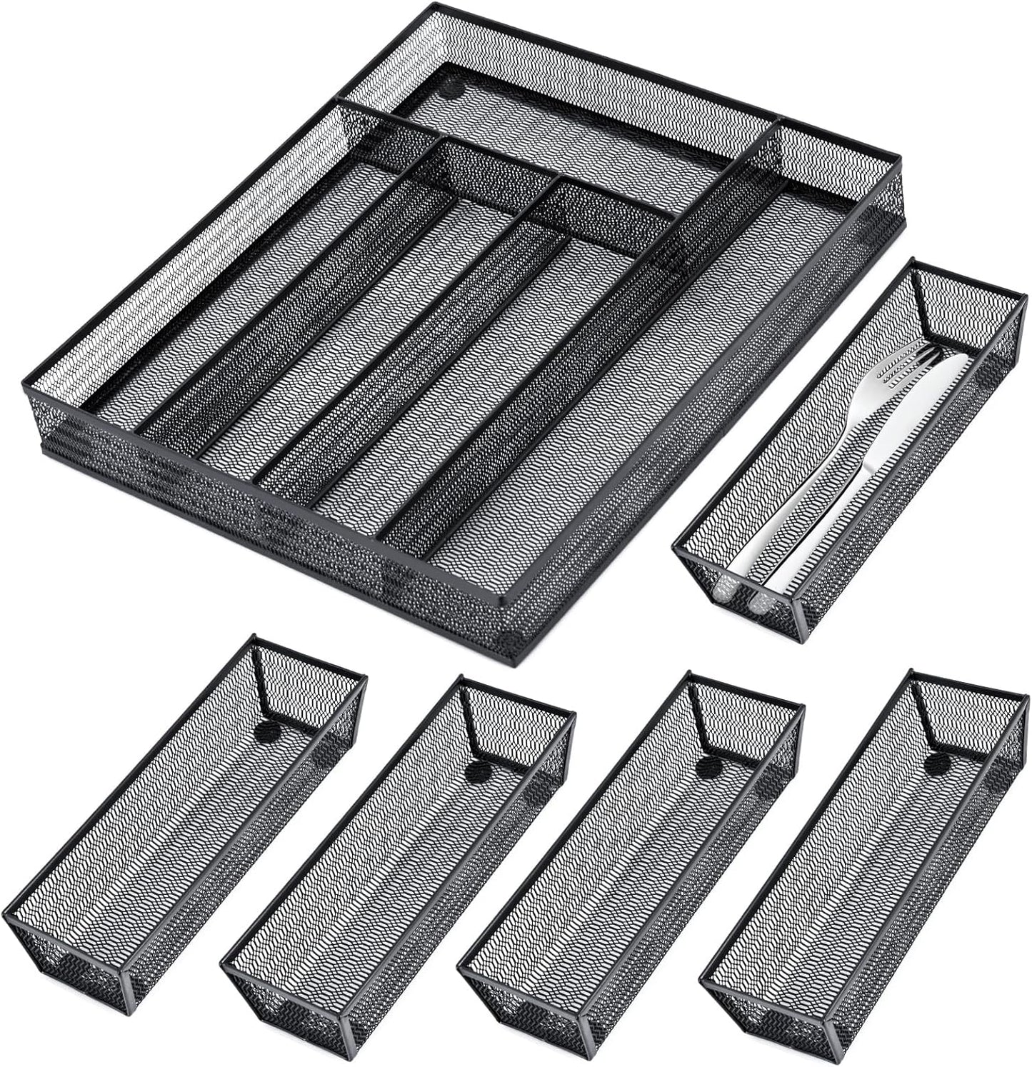 Neudeco Drawer Organizer Set 6 Pack - 5-Compartment Silverware Organizer Tray + 5 Utensil Trays, Kitchen Drawer Organizer for Flatware, Cutlery, Office Supplies, Black Mesh, Non-Slip.