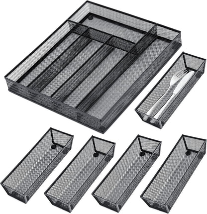 Neudeco Drawer Organizer Set 6 Pack - 5-Compartment Silverware Organizer Tray + 5 Utensil Trays, Kitchen Drawer Organizer for Flatware, Cutlery, Office Supplies, Black Mesh, Non-Slip.