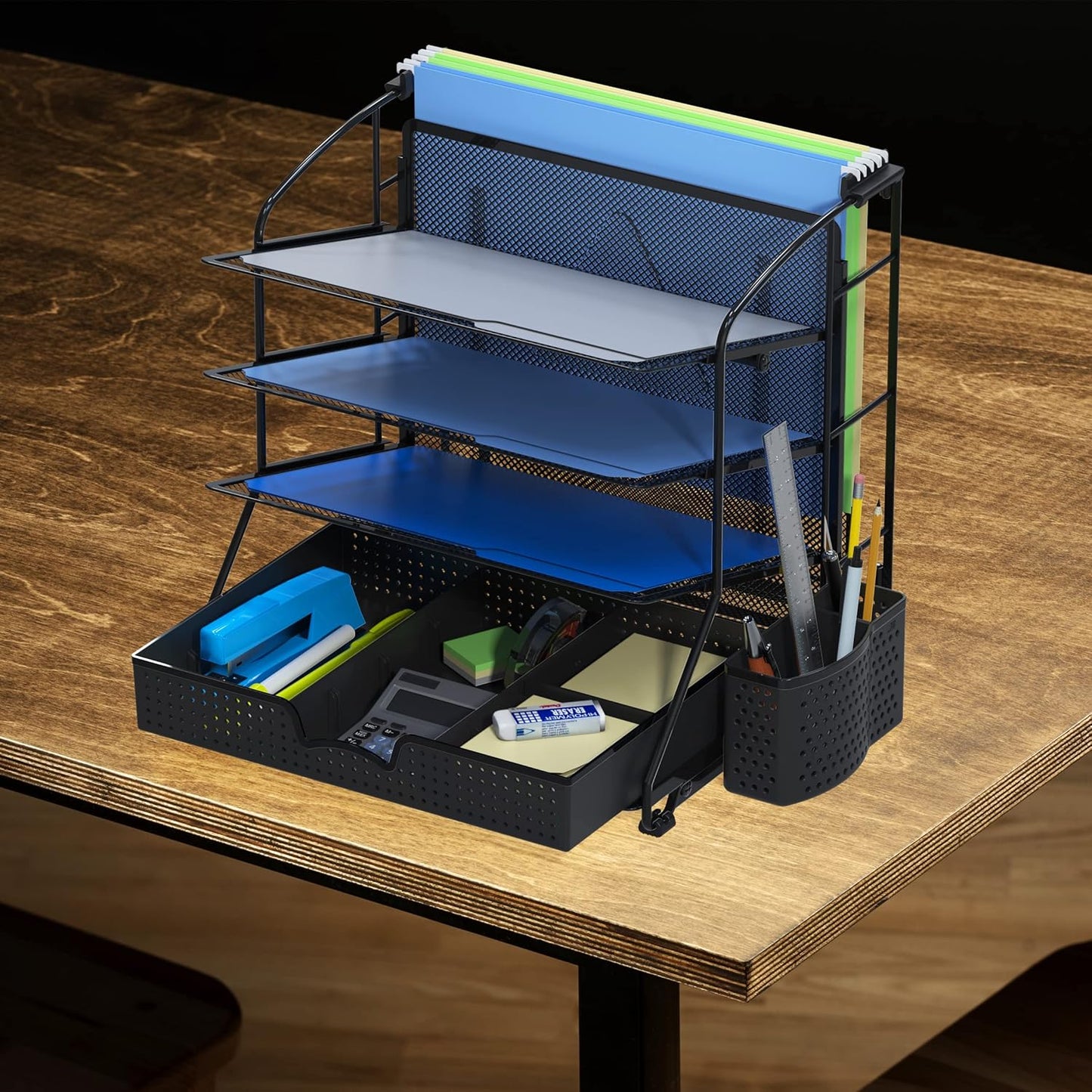 Simple Houseware Desktop Document Tray Organizer with Sliding Drawer/Caddy/Hanging File Section, Black
