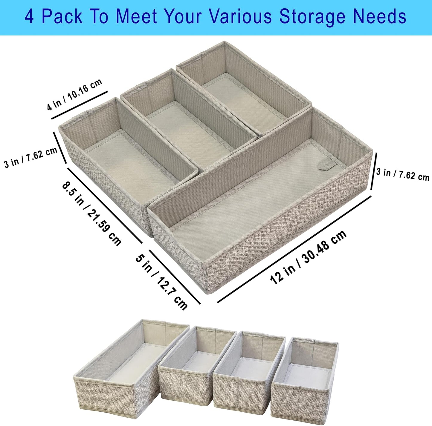 Storage Organizer – 4-Piece Rigid Fabric Bag Organizer for Gallon, Quart, Sandwich & Snack Bags, Kitchen Drawer Organizer for Utensils & Silverware