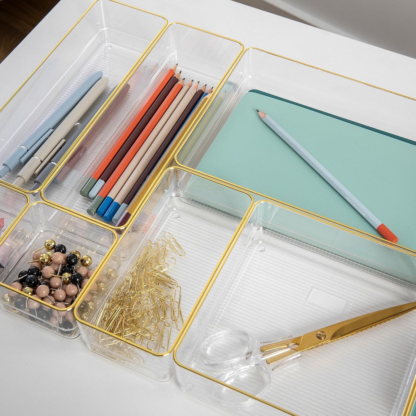 Martha Stewart Kerry Plastic Stackable Office Desk Drawer Organizers, Set of 8, with Gold Trim