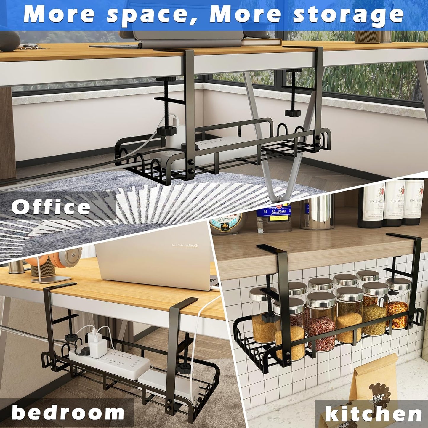 Sleclean Under Desk Cable Management Tray, 2 Pack, 16.6"x4.7" Steel Cable Organizers With Upgraded Long Arm Clamp, No Drill Wire Management for Home - No Damage to Desk