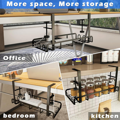 Sleclean Under Desk Cable Management Tray, 2 Pack, 16.6"x4.7" Steel Cable Organizers With Upgraded Long Arm Clamp, No Drill Wire Management for Home - No Damage to Desk