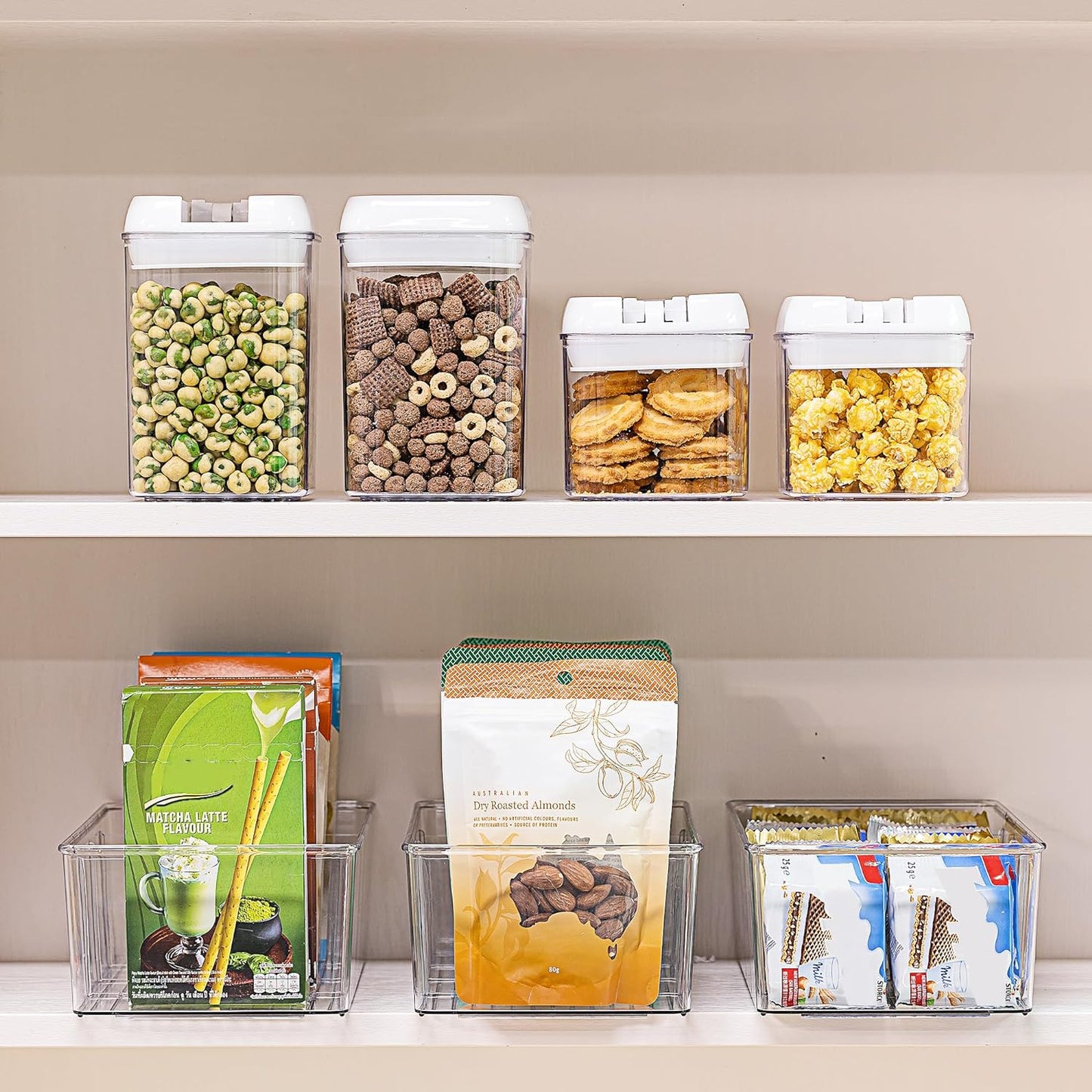 Vtopmart 8 Pack Food Storage Organizer Bins, Clear Plastic Bins for Pantry, Kitchen, Fridge, Cabinet Organization and Storage, 4 Compartment Holder for Packets, Snacks, Pouches, Spice Packets