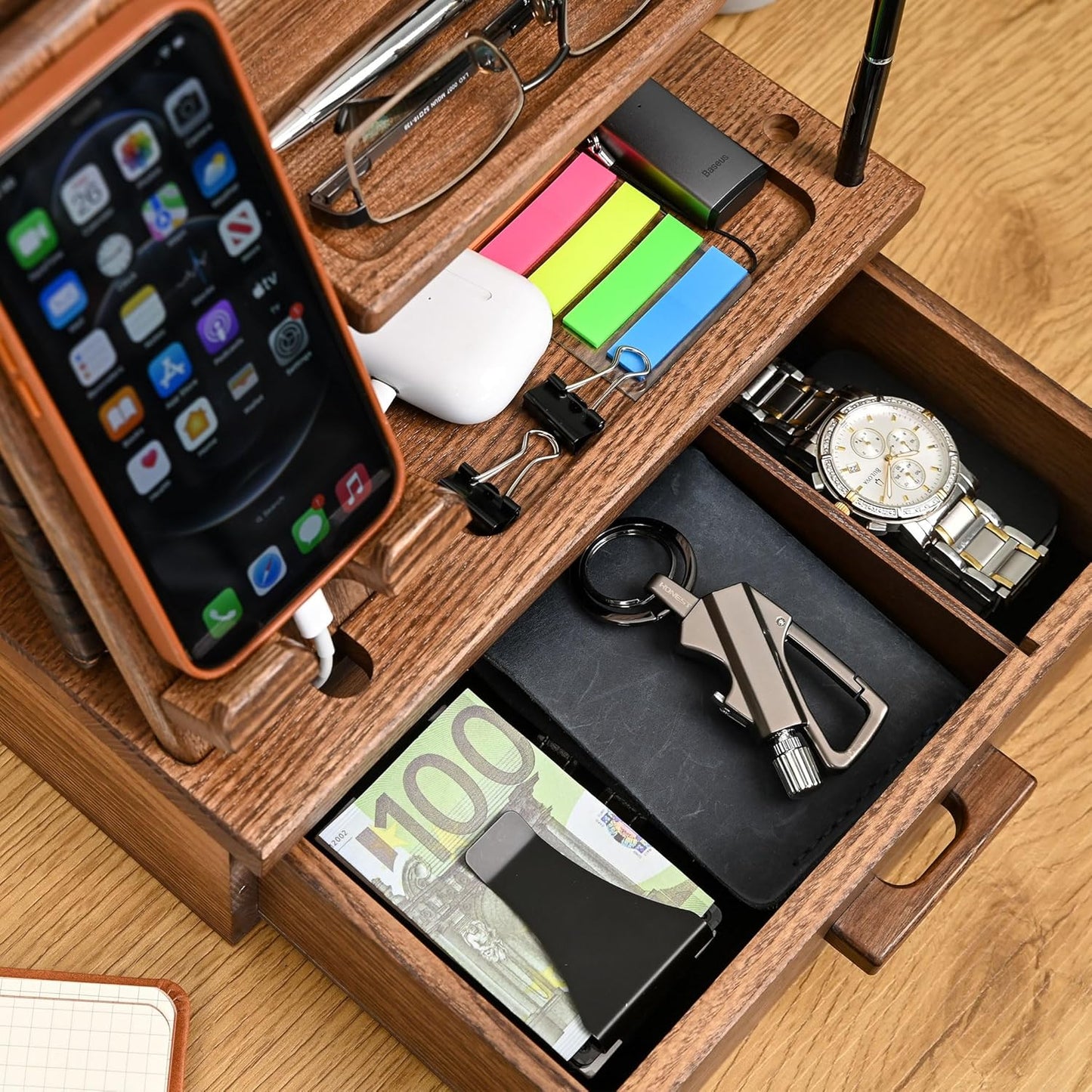 TESLYAR Wood Phone Docking Station with Drawer - Nightstand Organizer - Desk Organizer for Husband - Birthday Gifts for Men, Dad, Anniversary Idea, Key Holder Stand Watch & Accessories (Antique Brown)