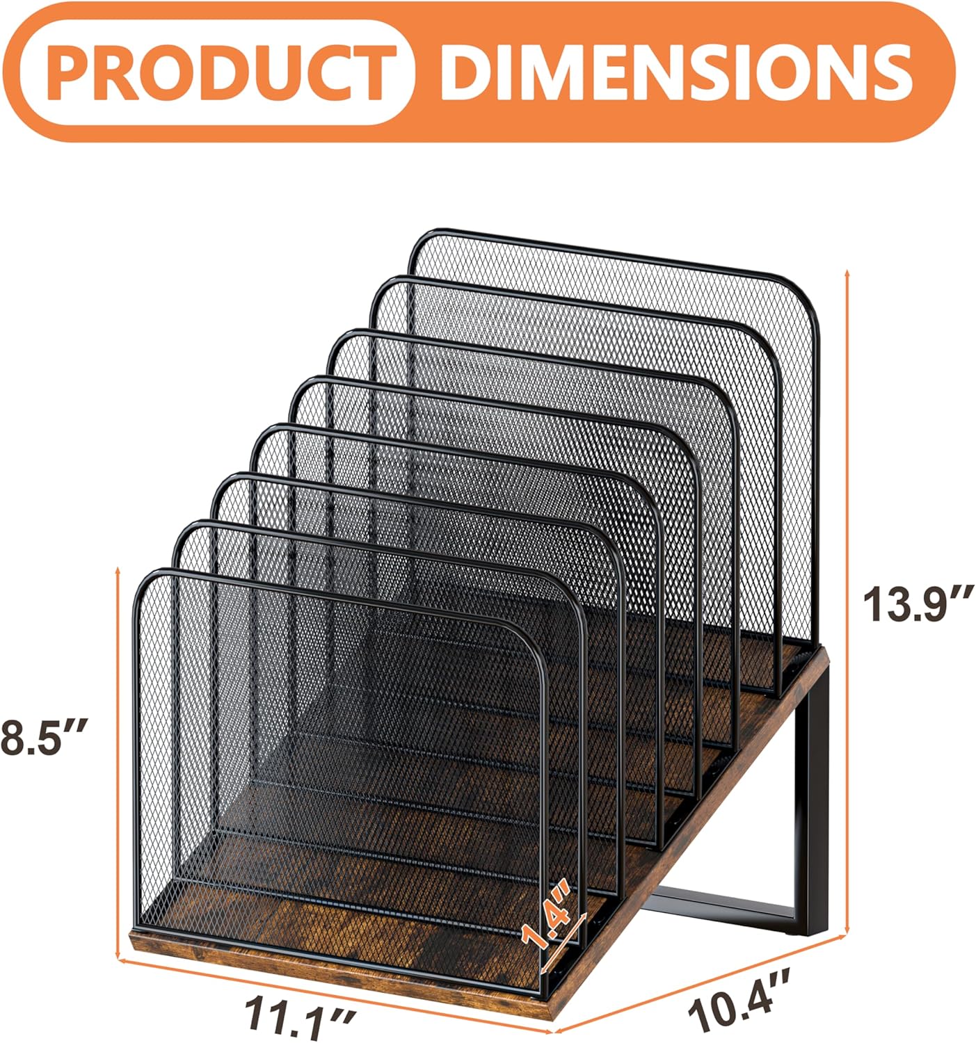 Piskyet Wooden Desk File Organizer, 5-Section Vertical File Folder Holder Stand,Metal Mail Paper Chromebook Organizer for Teacher Desk Office Classroom Desktop Organization（Inclined）