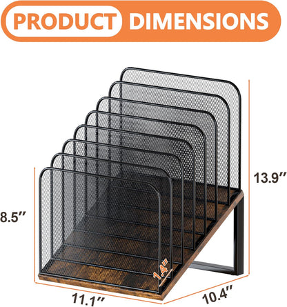 Piskyet Wooden Desk File Organizer, 5-Section Vertical File Folder Holder Stand,Metal Mail Paper Chromebook Organizer for Teacher Desk Office Classroom Desktop Organization（Inclined）
