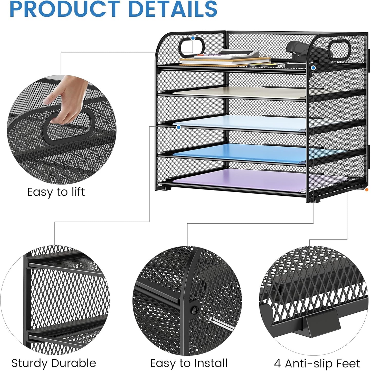 Paper Organizer Letter Tray with Handle, 5-Tier Black Stackable Desk Organizer with Metal Mesh, Sturdy Paper Tray for Office Desk, Home & Classroom Supplies Storage