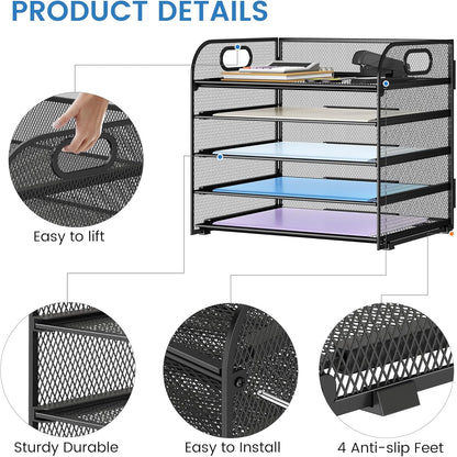 Paper Organizer Letter Tray with Handle, 5-Tier Black Stackable Desk Organizer with Metal Mesh, Sturdy Paper Tray for Office Desk, Home & Classroom Supplies Storage