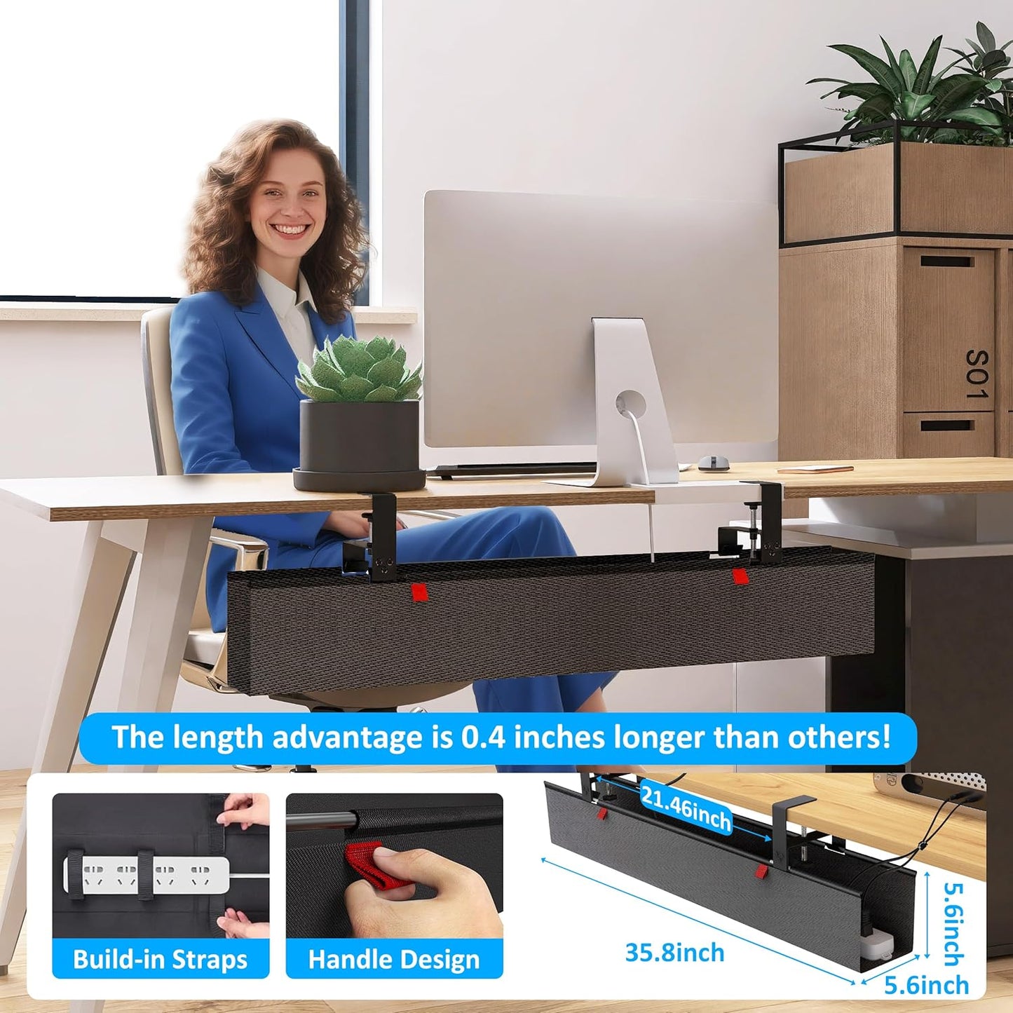 Under Desk Cable Management Tray - Under Desk Cord Management - Clamp/Screw Mount - Fabric Wire Management - Cable Raceways Tray Cord Hiders for Office/Home (Black, 35.8"×5.6")