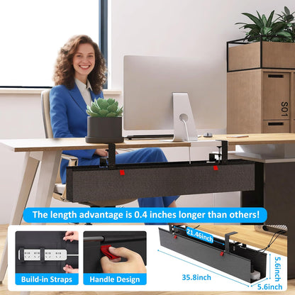 Under Desk Cable Management Tray - Under Desk Cord Management - Clamp/Screw Mount - Fabric Wire Management - Cable Raceways Tray Cord Hiders for Office/Home (Black, 35.8"×5.6")