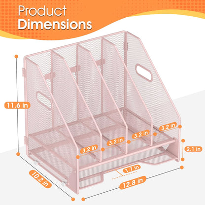 Desk File Folder Holder Organizer-5 Vertical Compartments Racks and Paper Letter Tray,Mesh Magazine File Holder Sorter,Desktop Accessories & Workspace Organizers for Home,Office,School-Black