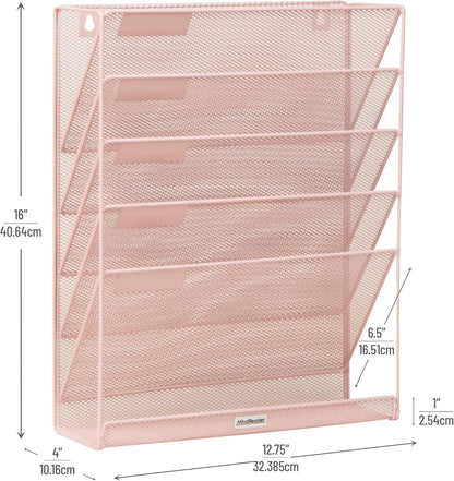 Mind Reader 5-Pocket Vertical File Storage, Desktop Organizer, Wall Mount, Office, Metal Mesh, Pink