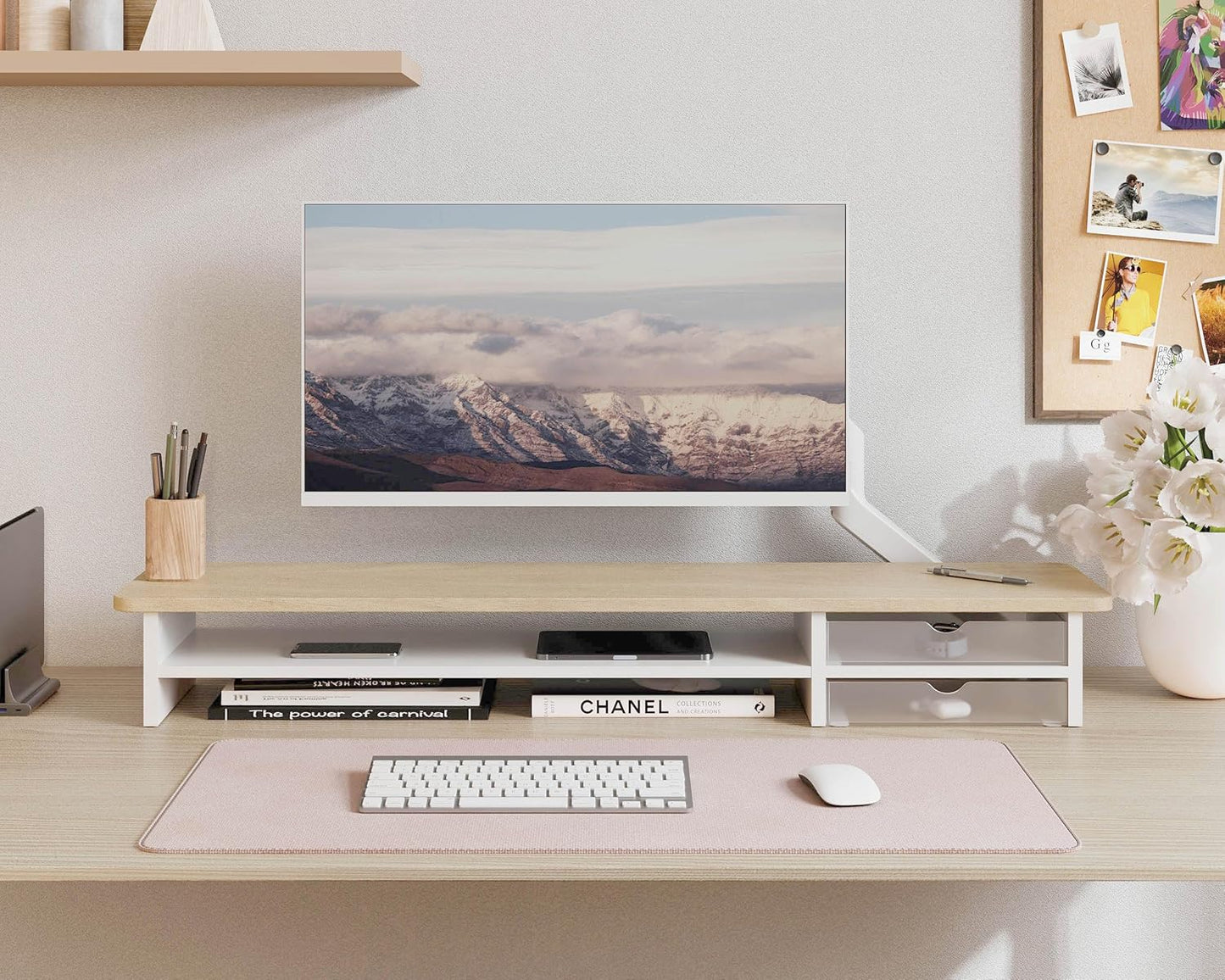 Fenge Monitor Stand, Dual Monitor Riser, 42.5inch Large Desk Computer Monitor Stand Riser with Drawer, 2 Tier Wood & Acrylic Desktop Organizer for Computer, Laptop, Printer, TV Screen Riser