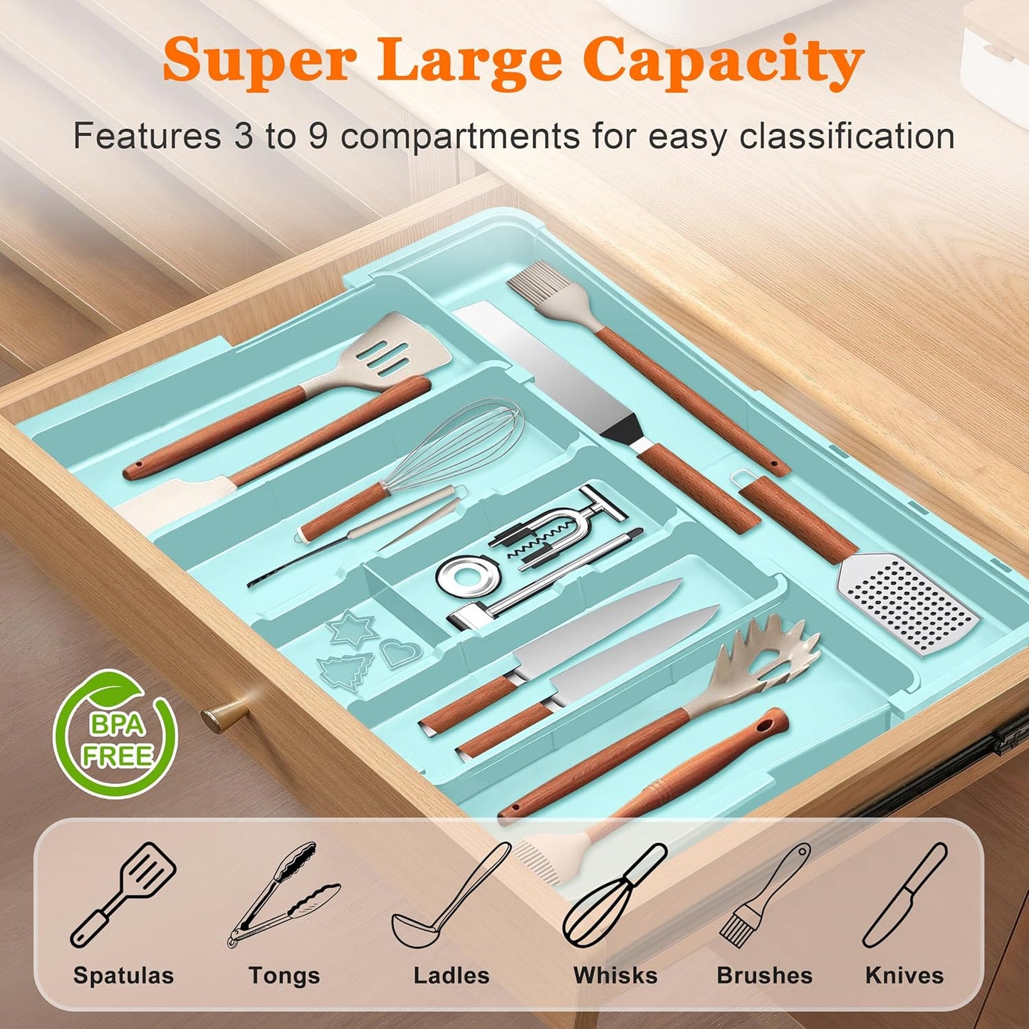 Spaclear Large Utensil Drawer Organizer Expandable Silverware Organizer for Kitchen Drawer Adjustable Cooking Utensil Holder Cutlery Flatware Tray Spatula Tools Gadgets Storage Dividers Plastic Black