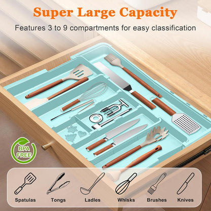 Spaclear Large Utensil Drawer Organizer Expandable Silverware Organizer for Kitchen Drawer Adjustable Cooking Utensil Holder Cutlery Flatware Tray Spatula Tools Gadgets Storage Dividers Plastic Black