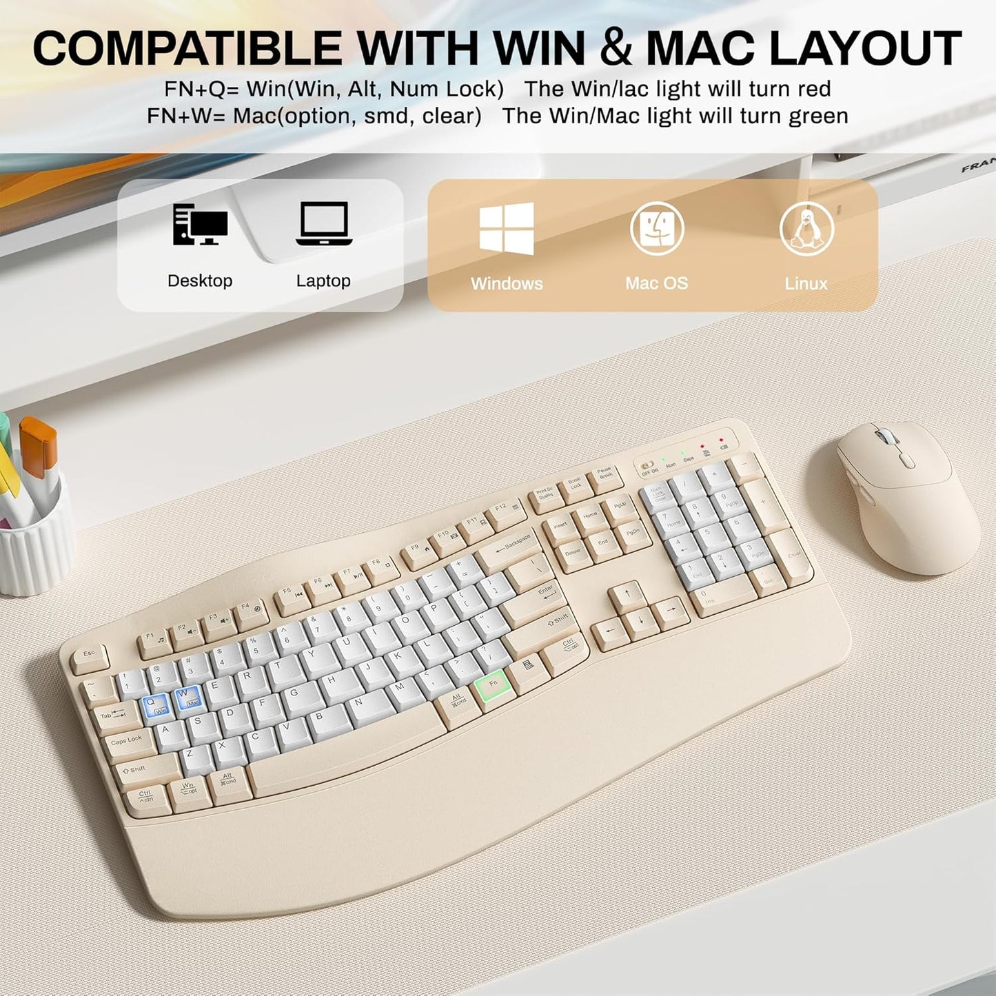 Wireless Keyboard and Mouse Combo,2.4G Full Size Wave Keys Ergonomic Keyboard with Wrist Rest for Natural Typing, 3 DPI Adjustable Ergonomic Silent Mouse for Computer/Laptop/Windows/Mac (Gray)