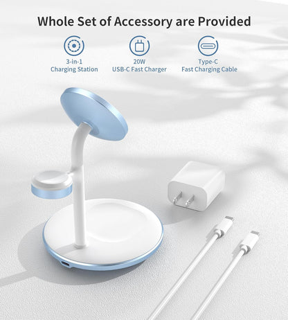 XooFly 3 in 1 Wireless Charging Station for Apple Devices, Fast Wireless Mag-Safe Charger Stand with 20W Adapter for iPhone 17 16 15 14 13 12 Pro Max/Air/Plus/Pro,iWatch,AirPods-Gift for Wife&Husband