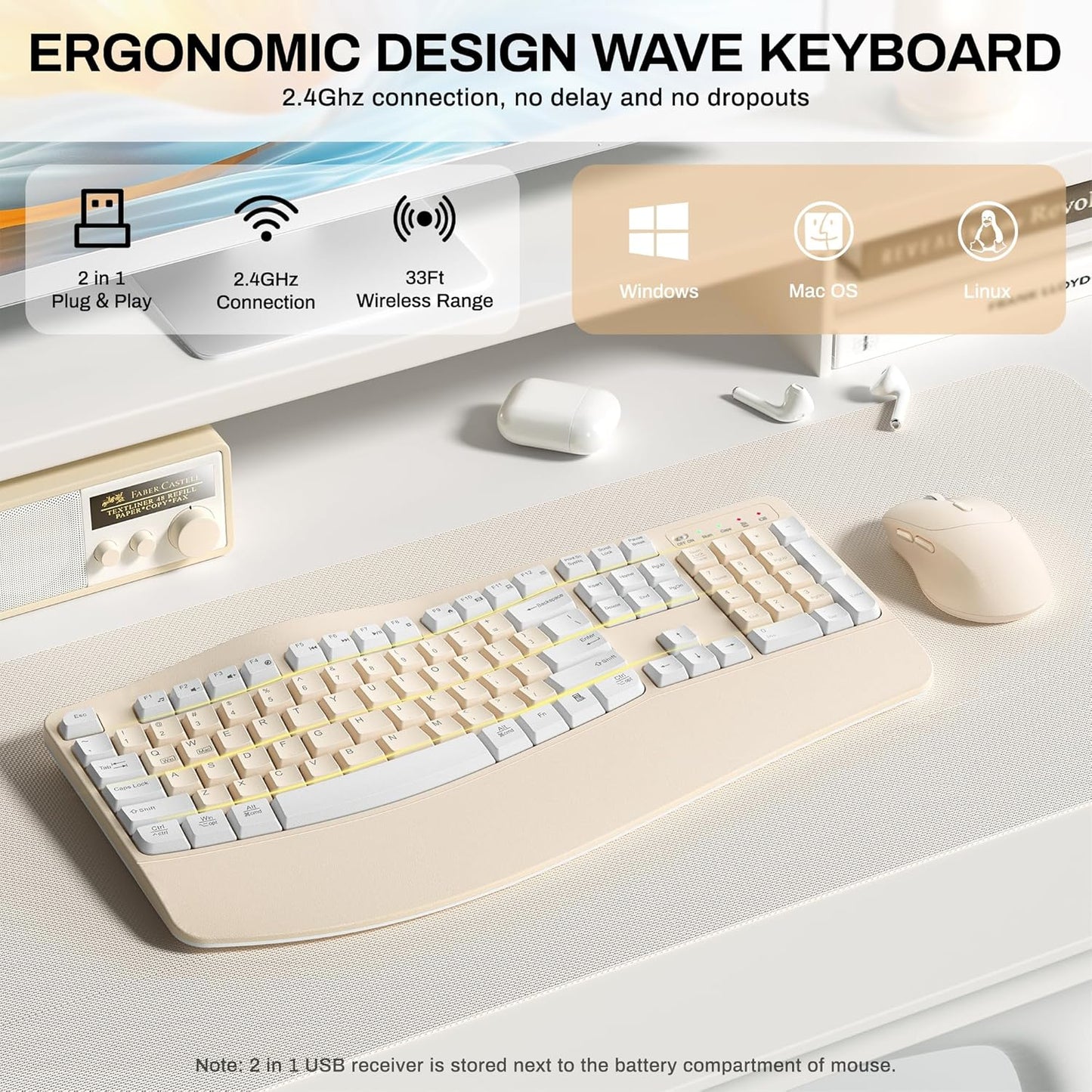 Wireless Keyboard and Mouse Combo,2.4G Full Size Wave Keys Ergonomic Keyboard with Wrist Rest for Natural Typing, 3 DPI Adjustable Ergonomic Silent Mouse for Computer/Laptop/Windows/Mac (Gray)