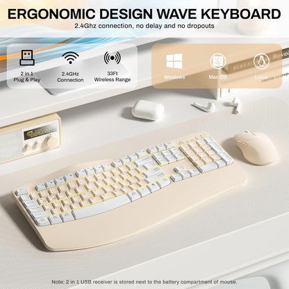 Wireless Keyboard and Mouse Combo,2.4G Full Size Wave Keys Ergonomic Keyboard with Wrist Rest for Natural Typing, 3 DPI Adjustable Ergonomic Silent Mouse for Computer/Laptop/Windows/Mac (Gray)