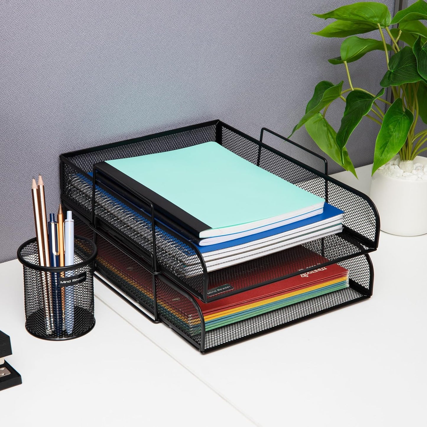 Mind Reader Stackable Paper Tray, Desktop Organizer, File Storage, Office, Metal Mesh, 10.5" L x 13.5" W x 11.25" H, 4 Pcs., Pink