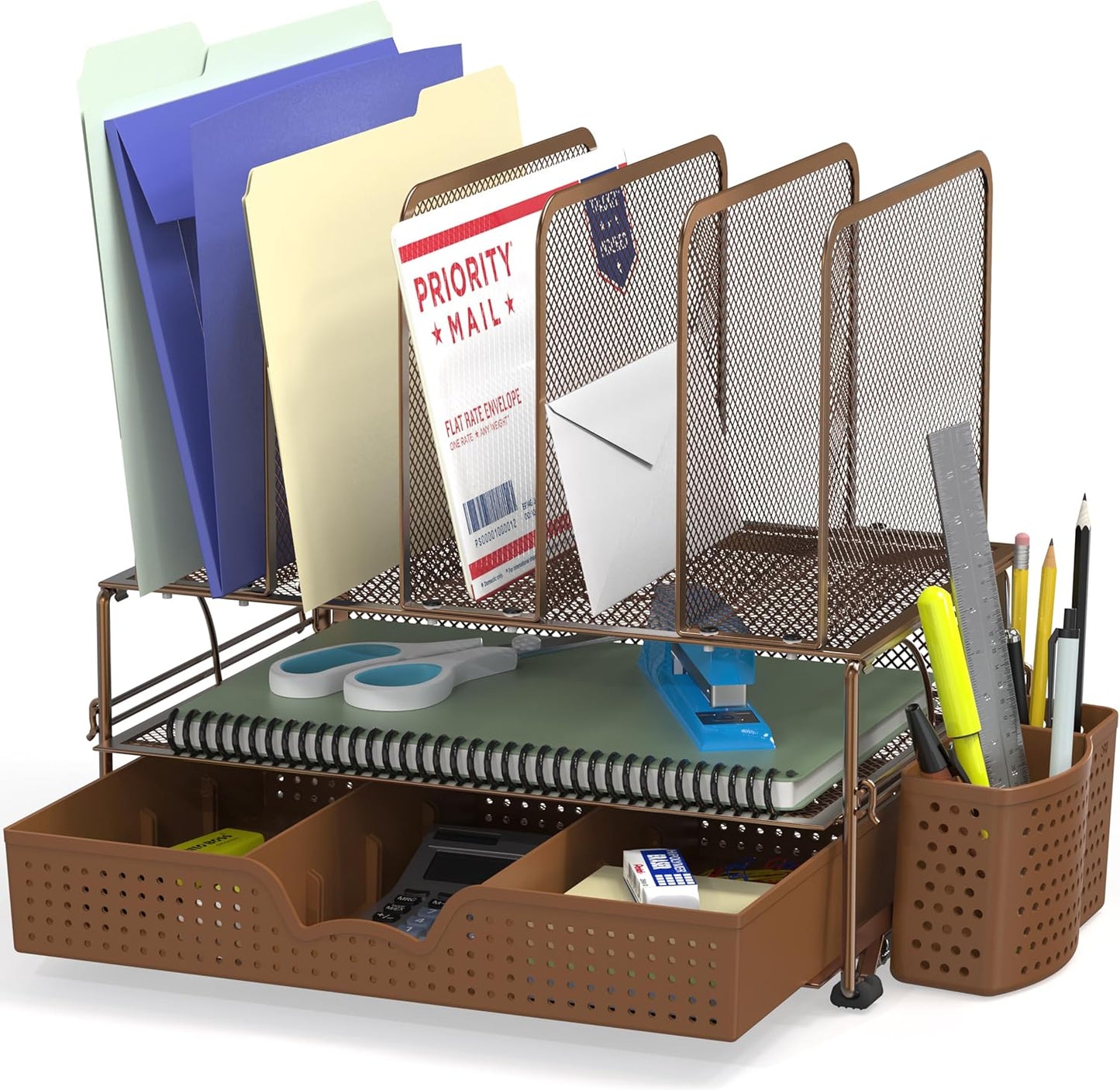 Simple Houseware Mesh Desk Organizer with Sliding Drawer, Double Tray and 5 Upright Sections, Black