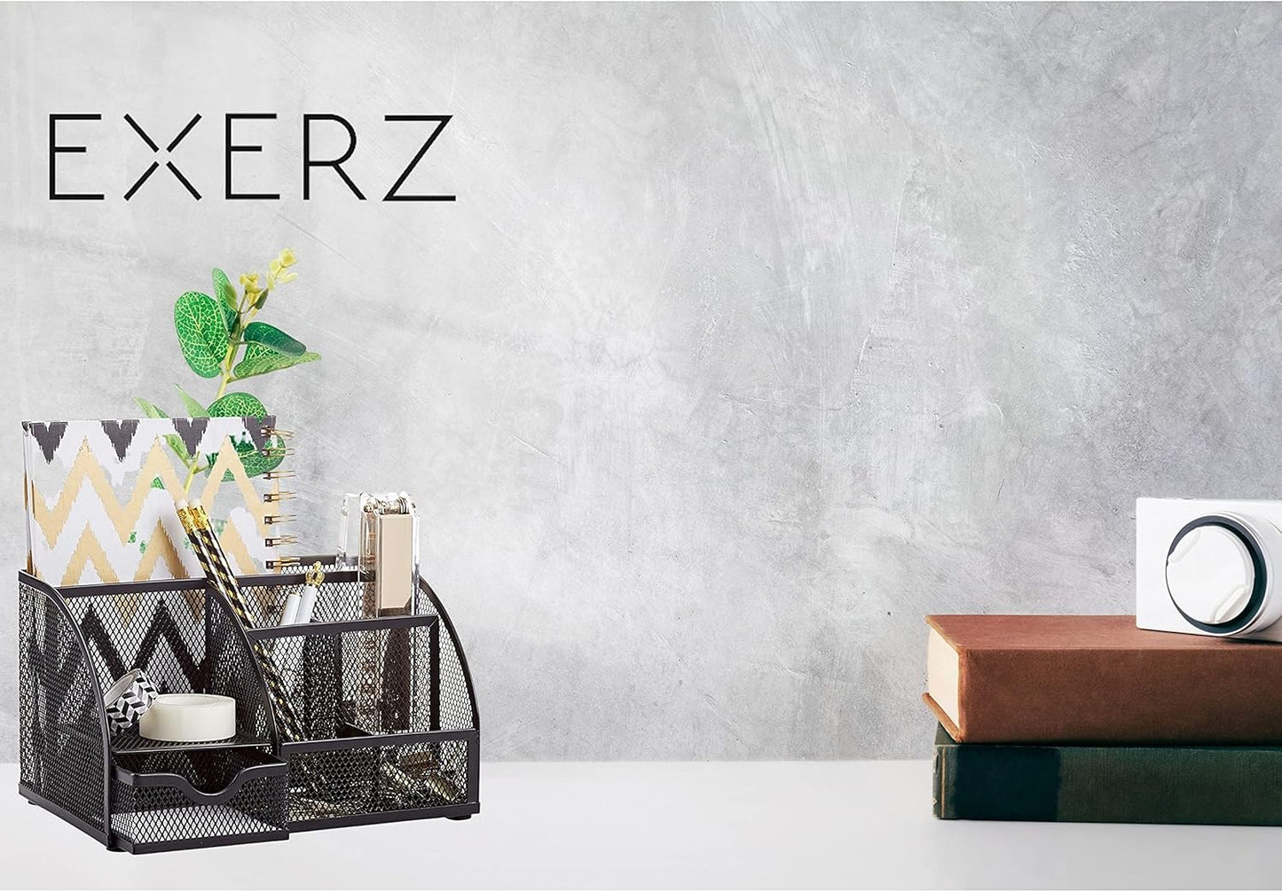 Exerz Desk Organizer Golden Office Desk Accessories Supplies Office Storage Desktop Pencil Pen Holder with Drawer Home Workspace