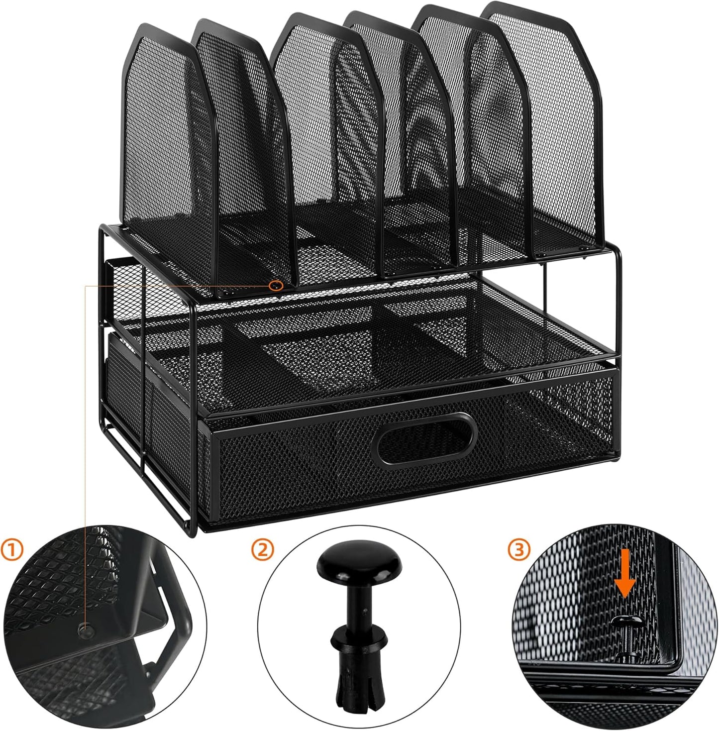 Amazon Basics Mesh Desk Organizer with Sliding Drawer, Double Tray and 5 Upright Sections, File Holder for Office Supplies, Paper Letter Tray, Black