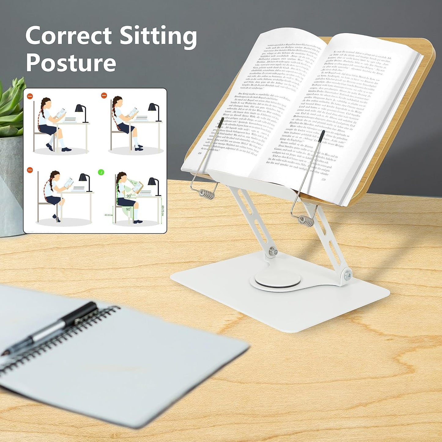 Book Stand Laptop Stand Adjustable Book Holder Tray with Page Paper Clips Ergonomic Multi Heights Angles Adjustable Cooking Bookstands for Textbook Recipe Magazine Laptop Tablet Portable