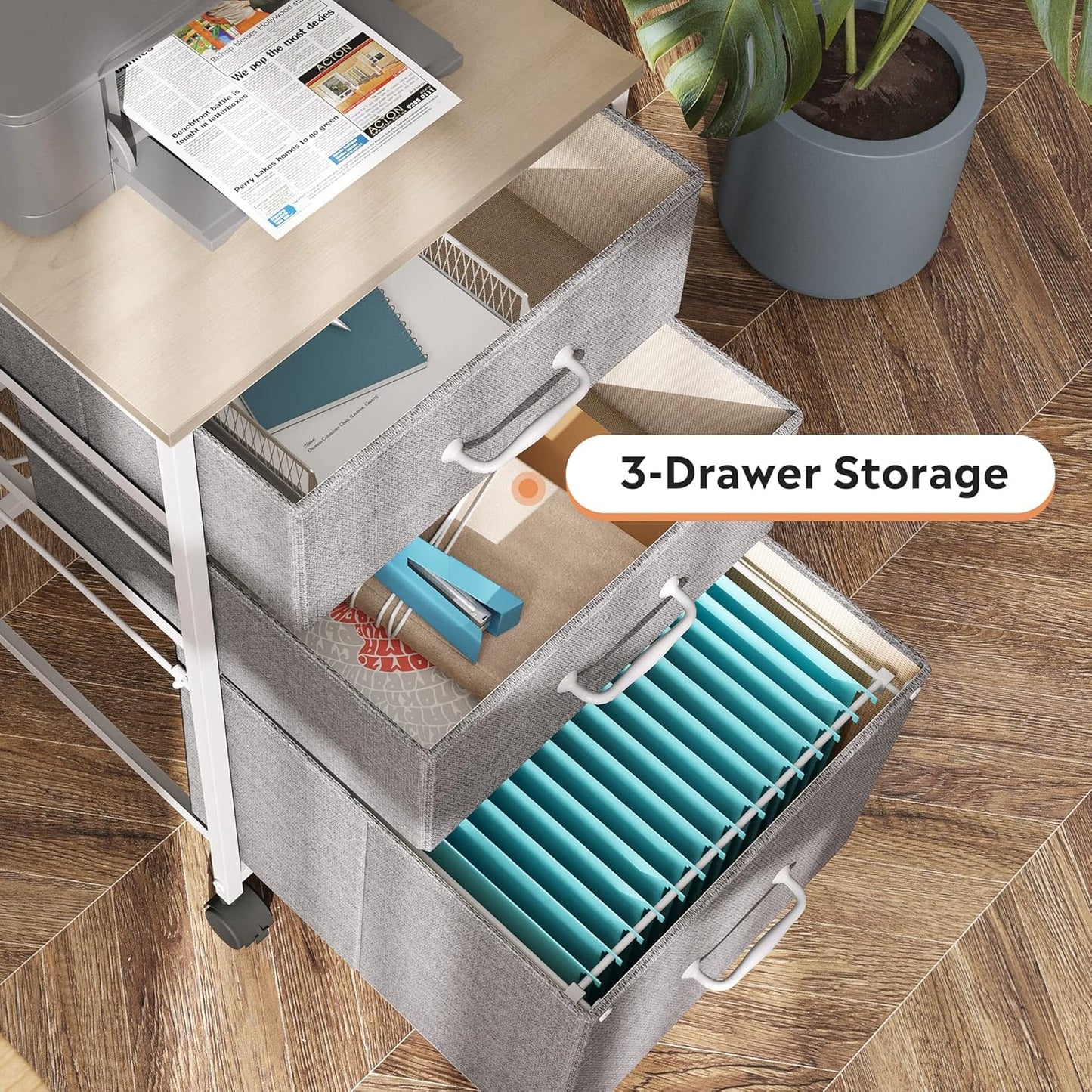 DEVAISE Mobile File Cabinet, Rolling Printer Stand with 3 Drawers, Fabric Vertical Filing Cabinet fits A4 or Letter Size for Home Office, Black