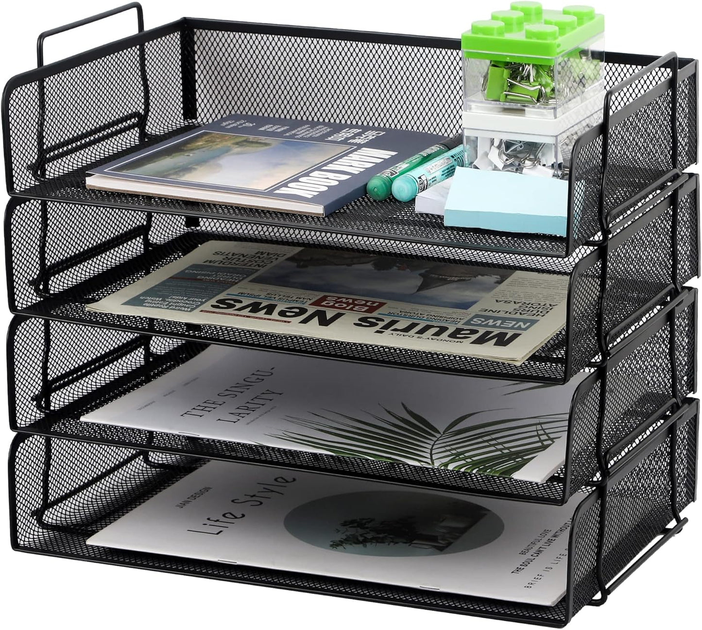 EASEPRES 2 Pack Stackable Desk Paper Tray, Metal Mesh Desktop Document Letter File Organizer for Office Home School, 13.5'' L x 9.75'' W x 5.5'' H, White