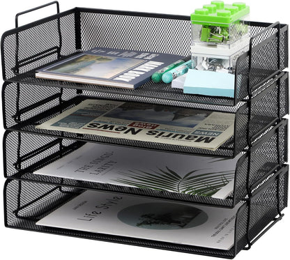 EASEPRES 2 Pack Stackable Desk Paper Tray, Metal Mesh Desktop Document Letter File Organizer for Office Home School, 13.5'' L x 9.75'' W x 5.5'' H, White