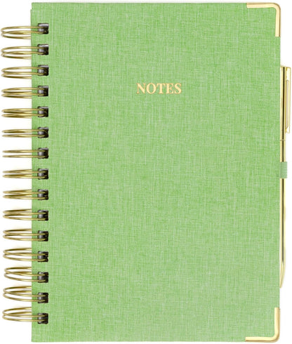 ELYN Lined Spiral Journal, Linen Hardcover Notebook with Matching Gold Gel Pen, 252 Pages, 8 in x 5 in - 100 GSM Premium Paper, Spiral Notebook for Home, Office, Notes & Gifts, (Linen)