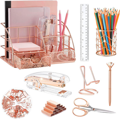 KAAKOW Gold Desk Organizers and Accessories Office Supplies Set Stapler, Pen Holder, Phone Holder, Scissors, Pen, Ruler, 30 Paper Clips, 22 Binder Clip, 20 Tacks and 1000pcs Staples (Gold)