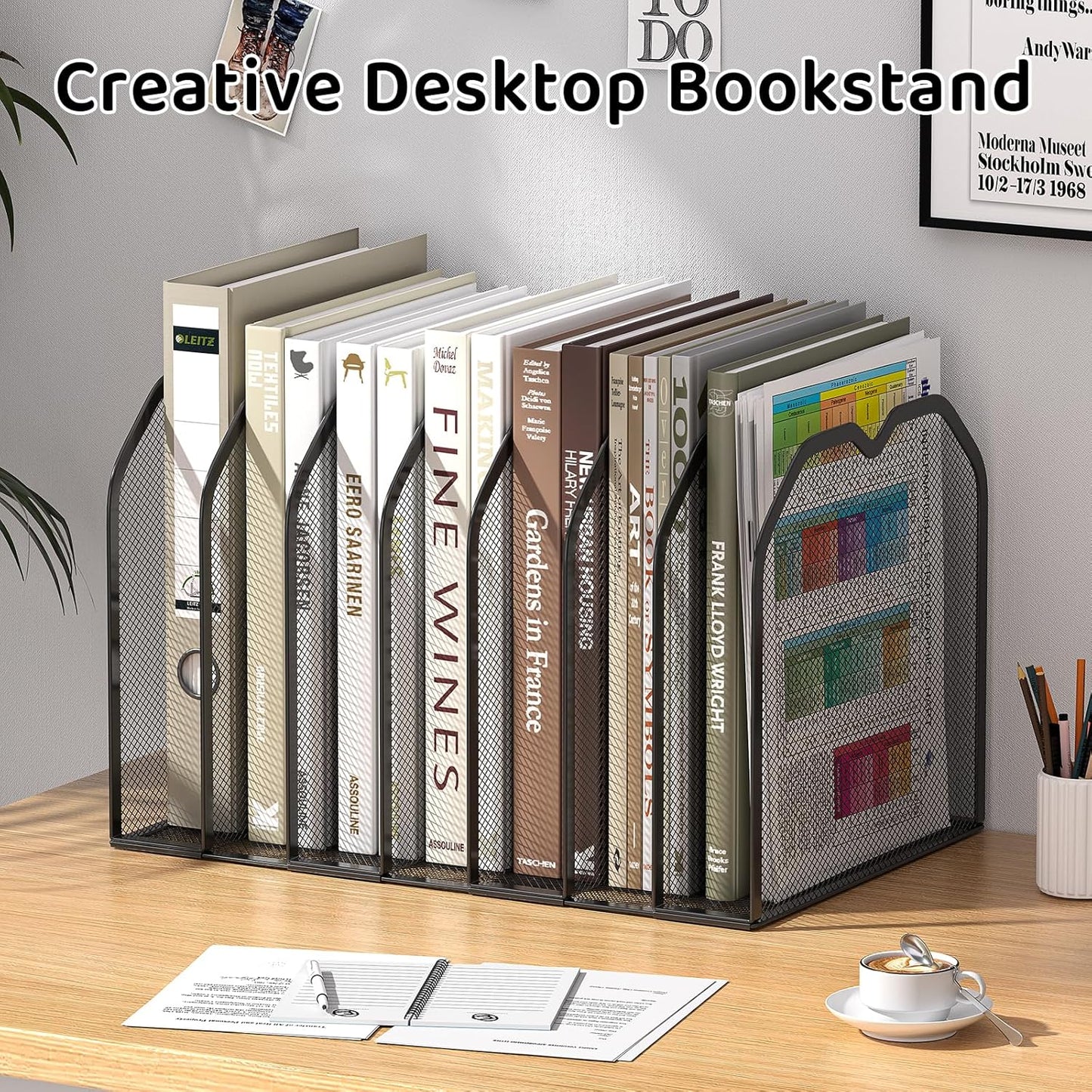 FANXIYQ Metal 7-Section File Folder Organizer for Desk | Vertical Office File Holder | Heavy-Duty Mesh Document Sorter for Books, Binders, Laptops | Black Desk Organizer (12.8”x8.5”x7.9”)