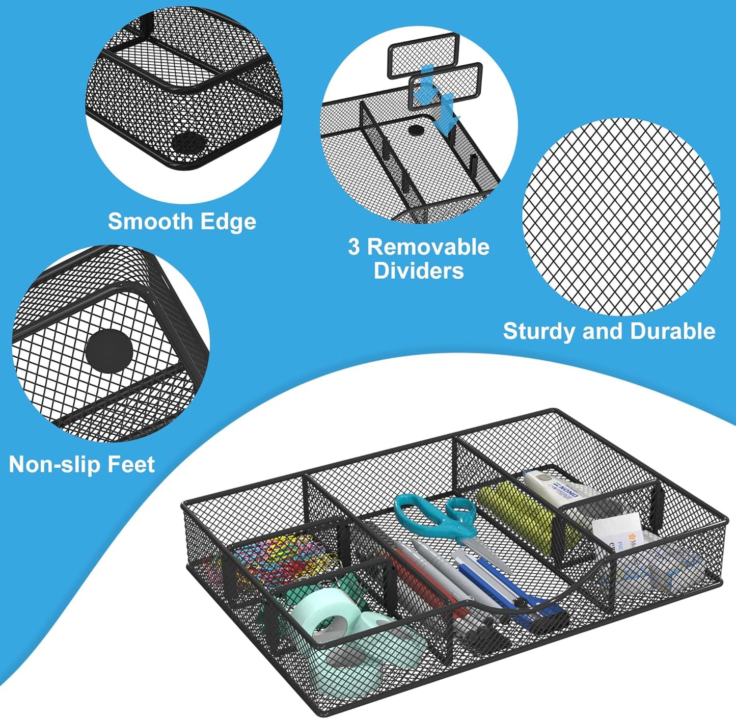 VyGrow Desk Drawer Organizer Tray, Metal Mesh Drawer Organizers Office, 6 Adjustable Compartment, Desk Organizer Tray for Home Office 12.87L x 8.73D x 1.96H inch, Black, 1PC Medium