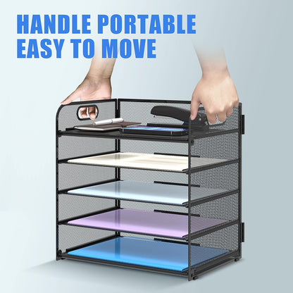 Supeasy 5 Trays Paper Organizer Letter Tray with Handle-Mesh Desk File Holders, Paper Sorter Desk Organizer for Office, Home, Classroom or School, White