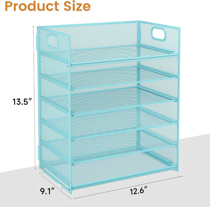 Subekyu 6 Tier Office File Paper Desk Tray Organizer with Handle, Stackable Slide Mesh Letter Tray Folder Blue Desk Organizer, Desktop Document Sorter for Classroom, Office, Home Supplies Storage