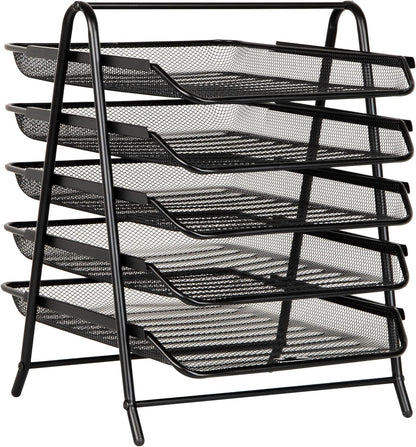 Mind Reader 5-Tier Paper Tray Organizer, Vertical Desktop File Storage Rack, Office, Metal Mesh, Black
