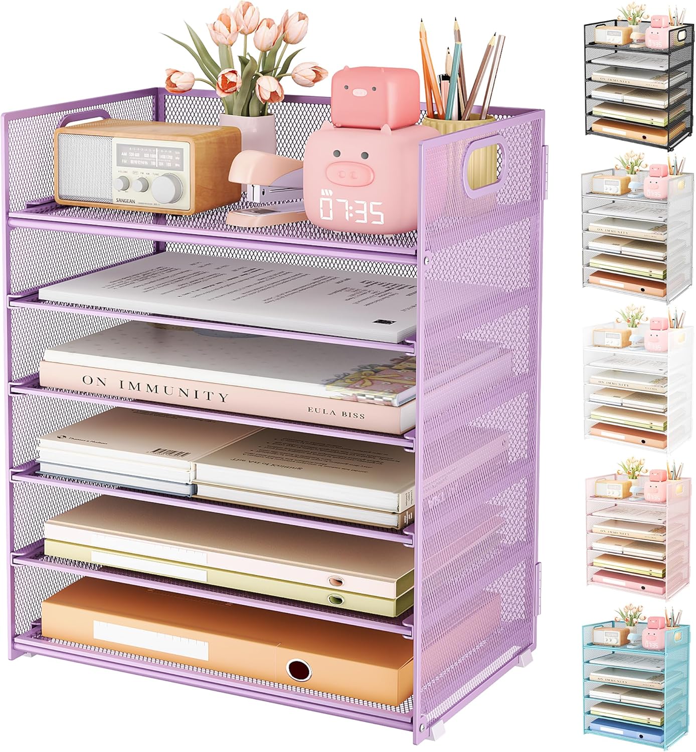 Subekyu 6 Tier Office File Paper Desk Tray Organizer with Handle, Stackable Slide Mesh Letter Tray Folder Blue Desk Organizer, Desktop Document Sorter for Classroom, Office, Home Supplies Storage