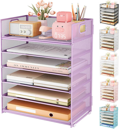 Subekyu 6 Tier Office File Paper Desk Tray Organizer with Handle, Stackable Slide Mesh Letter Tray Folder Blue Desk Organizer, Desktop Document Sorter for Classroom, Office, Home Supplies Storage