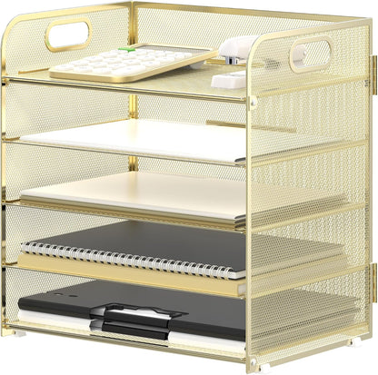 Supeasy 5 Trays Paper Organizer Letter Tray with Handle-Mesh Desk File Holders, Paper Sorter Desk Organizer for Office, Home, Classroom or School, White