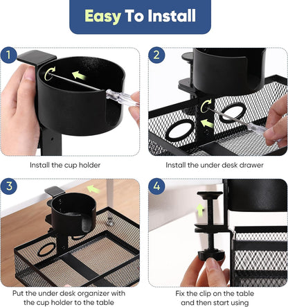360 Rotating Under Desk Drawer Organizer with Cup Holder Clamp On Desk Drawer No Drilling Table Management Tray Anti-Slip Swivel Pencil Drawer Under Table Storage Easy Install for Home Office
