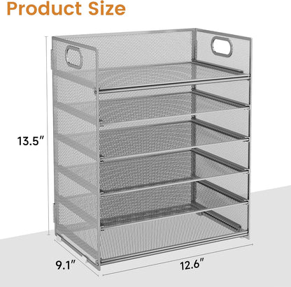 Subekyu 6 Tier Office File Paper Desk Tray Organizer with Handle, Stackable Slide Mesh Letter Tray Folder Blue Desk Organizer, Desktop Document Sorter for Classroom, Office, Home Supplies Storage