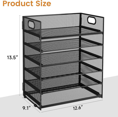 Subekyu 6 Tier Office File Paper Desk Tray Organizer with Handle, Stackable Slide Mesh Letter Tray Folder Blue Desk Organizer, Desktop Document Sorter for Classroom, Office, Home Supplies Storage