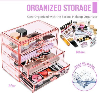 Sorbus Acrylic Makeup Organizer Set, 4-Drawer Vanity & Countertop Cosmetic Storage with Wide Drawers, Clear Makeup Storage for Brushes, Lipsticks, Jewelry – Holiday Gift for Women & Teens