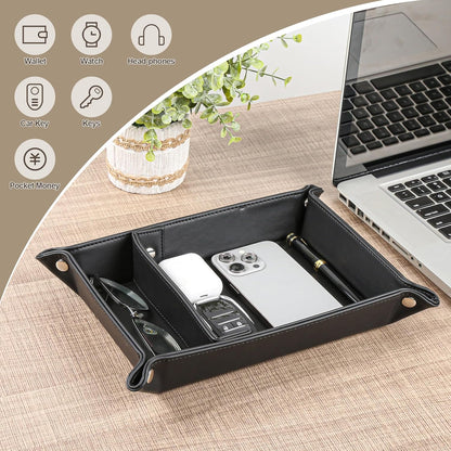 Deluxe Leather Tray Desktop Storage Organizer Watch Remote Control Jewelry Cell Phone Wallet Keychain Desktop Storage for Home, Camping Unique Gift Ideas for Men and Friends