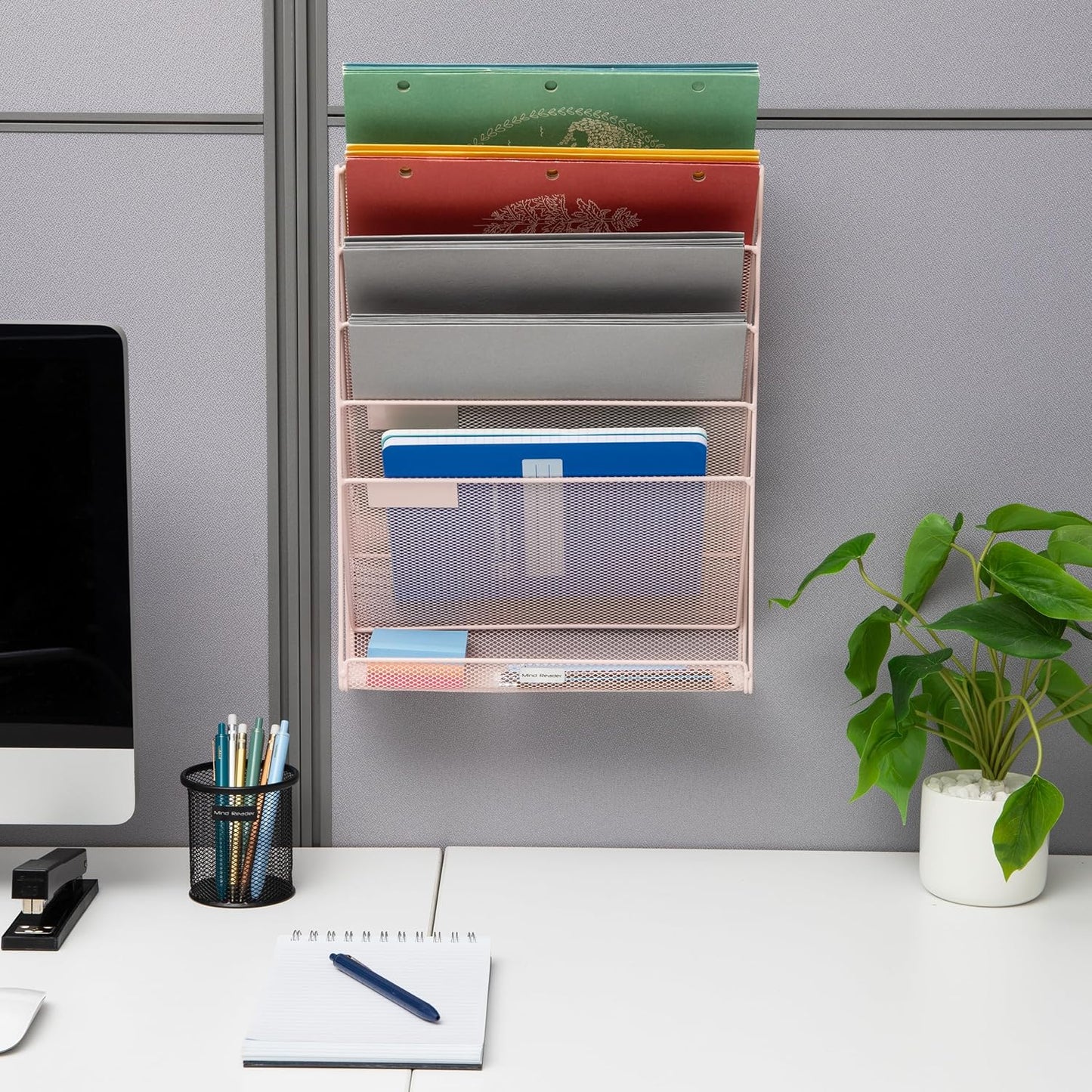 Mind Reader 5-Pocket Vertical File Storage, Desktop Organizer, Wall Mount, Office, Metal Mesh, Pink